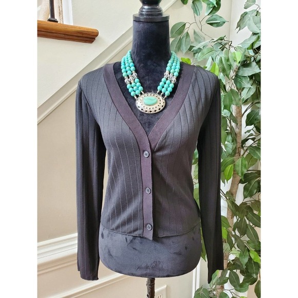 Elodie Cropped Black Polyester Long Sleeve Button Front Knit Cardigan Sweater L - Picture 1 of 13